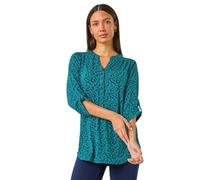 Roman Leaf Print Button Detail Shirt for Women UK - Ladies Autumn Everyday Winter Holiday V-Neckline Comfy 3/4 Sleeve Soft Smart Blouse Office Desk Tops - Teal - Size 12
