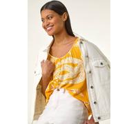 Roman Originals Leaf Print Button Detail Top for Women UK - Ladies Everyday Holiday Spring Summer Round Neckline Comfy Soft Evening Vacation Work Party - Yellow - Size 16