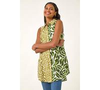 Roman Leaf Print Button Longline Shirt In Green Green 12