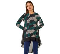 Roman Leaf Print Chiffon Dipped Hem Top In Teal Teal 12