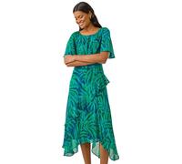 Roman Leaf Print Chiffon Frill Midi Dress In Teal Teal 12