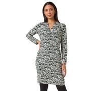 Roman Leaf Print Cocoon Stretch Dress for Women UK - Ladies Autumn Everyday Winter Holiday Notch Neckline Comfy Long Sleeve Soft Midi Length Frock Desk to Dinner Gowns - Teal Aztec - Size 20