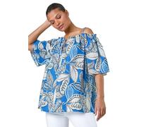 Roman Leaf Print Cold Shoulder Bardot Top for Women UK Ladies Spring Everyday Summer Holiday Short Sleeve Soft Tie Detail Comfy Woven Fabric Shirt Vacation Beach - Blue - Size 10