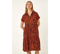 Roman Originals Leaf Print Collared Smock Dress for Women UK - Ladies Everyday Holiday Spring Summer Shirt Style Collar Comfy Soft Evening Vacation Work Party - Rust - Size 14