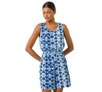 Roman Leaf Print Crinkle Playsuit for Women UK - Ladies Spring Everyday Summer Holiday Round Neckline Comfy Sleeveless Soft Knee Length Day Out Jumpsuits - Navy Geo - Size 20
