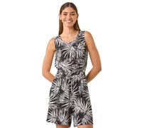 Roman Leaf Print Crinkle Playsuit for Women UK - Ladies Spring Everyday Summer Holiday Round Neckline Comfy Sleeveless Soft Knee Length Day Out Jumpsuits - Black - Size 16