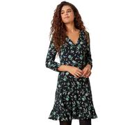 Roman Leaf Print Frill Hem Wrap Stretch Dress In Black Black 14