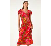 Roman Originals Leaf Print Frill Midi Dress for Women UK - Ladies Everyday Holiday Spring Summer V-Neckline Comfy Soft Evening Vacation Work Party - Red - Size 16