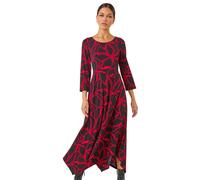 Roman Leaf Print Hanky Hem Stretch Midi Dress In Red Red 18