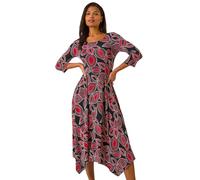 Roman Leaf Print Hanky Hem Stretch Midi Dress In Red Red 20