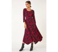 Roman Women's Leaf Print Hanky Hem Stretch Midi Dress in Red | Size: 12 Roman Red 12
