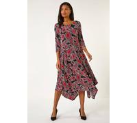Leaf Print Hanky Hem Stretch Midi Dress Roman Red 14