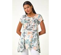 Roman Originals Hanky Hem Tunic Top for Women UK - Ladies Longline Blouse Asymmetric Hemline Short Sleeves Casual Slouch Loose Summer Spring Relaxed Comfortable - Green Leaf - Size 16