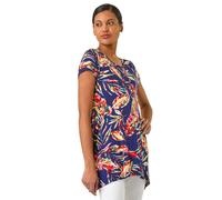 Roman Originals Hanky Hem Tunic Top for Women UK - Ladies Longline Blouse Asymmetric Hemline Short Sleeves Casual Slouch Loose Summer Spring Relaxed Comfortable - Navy Leaf - Size 16