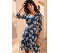 Roman Originals Leaf Print Lace Stretch Dress for Women UK - Ladies Everyday Autumn Winter Round Neckline Comfy Soft Evening Vacation Work Party Night Out - Teal - Size 12