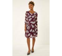 Roman Originals Leaf Print Lace Stretch Dress for Women UK - Ladies Everyday Autumn Winter Round Neckline Comfy Soft Evening Vacation Work Party Night Out - Wine - Size 18