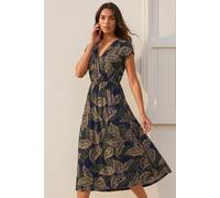 Roman Originals Wrap Tea Dress for Women UK Ladies Fit Flare Skater Swing Stretch Frill Long Sleeve Summer Evening Cocktail Party Work Office Casual Knee Length Midi - Navy Leaf - Size 20