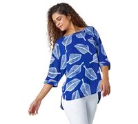 Roman Originals Leaf Print Relaxed Tunic Top for Women UK - Ladies Everyday Autumn Winter Round Neckline Comfy Soft Evening Vacation Work Party Night Out - Blue - Size 10