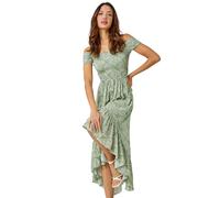 Roman Leaf Print Shirred Bardot Dress In Mint Mint 18
