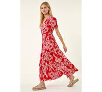 Roman Leaf Print Shirred Maxi Dress Red 14