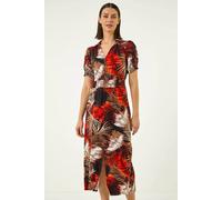 Roman Leaf Print Shirred Midi Dress In Orange Orange 10