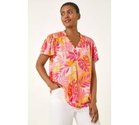 Roman Leaf Print Shirred V-Neck Top In Pink Pink 10