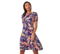 Roman Leaf Print Short Dress for Women UK - Ladies Spring Everyday Summer Holiday Round Neckline Comfy Knee Length Soft Fit & Flare Frock Day Out Gowns - Navy - Size 10
