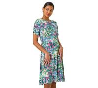 Roman Leaf Print Short Dress for Women UK - Ladies Spring Everyday Summer Holiday Round Neckline Comfy Knee Length Soft Fit & Flare Frock Day Out Gowns - Green - Size 16