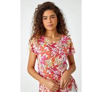 Roman Originals Leaf Print Side Tie Stretch Top for Women UK - Ladies Everyday Holiday Spring Summer Round Neckline Comfy Soft Evening Vacation Work Party - Pink - Size 20