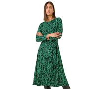 Roman Leaf Print Stretch Belted Dress In Green Green 20