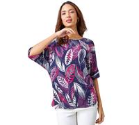 Roman Originals Leaf Print Textured Tunic Top for Women UK - Ladies Everyday Holiday Spring Summer Round Neckline Comfy Soft Evening Vacation Work Party - Pink - Size 10