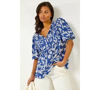 Roman Leaf Print Tie Neck Pleated Top In Blue Blue 10