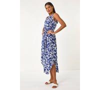 Roman Originals Leaf Print Tie Waist Midi Dress for Women UK - Ladies Everyday Holiday Spring Summer Round Neckline Comfy Soft Evening Vacation Work Party - Navy - Size 18