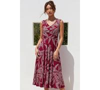 Roman Leaf Print Twist Front Stretch Dress In Red Red