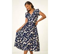 Roman Originals Leaf Print V-Neck Midi Dress for Women UK - Ladies Everyday Autumn Winter V-Neckline Comfy Soft Evening Vacation Work Party Night Out - Navy - Size 16