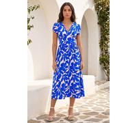 Roman Originals Leaf Print V-Neck Midi Dress for Women UK - Ladies Everyday Autumn Winter V-Neckline Comfy Soft Evening Vacation Work Party Night Out - Royal Blue - Size 12