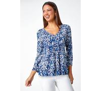 Leaf Print V-Neck Pintuck Tunic Swing Top Roman Navy 12