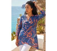 Roman Originals Floral Print Tunic Top for Women UK Ladies Casual Shirt Smart Blouse Asymmetric Wrap Hem Summer Holiday Party Cruise 3/4 Sleeve Longline Oversized - Leaf Navy Orange - Size 10