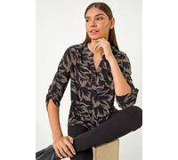 Roman Originals Shirt for Women UK Ladies Top Collarless Blouse Stretchy Tunic Smart Casual Autumn Winter Jersey 3/4 Length Sleeve Notch V Neck Flattering Office Work - Beige Black - Size 14