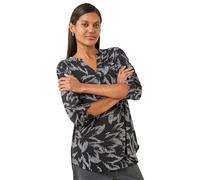 Roman Leaf Puff Print Button Front 3/4 Sleevetop In Black Black 18