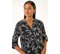 Roman Leaf Puff Print Button Front 3/4 Sleevetop In Black Black