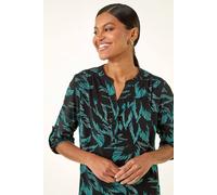 Roman Leaf Puff Print Button Front 3/4 Sleevetop In Teal Teal 12