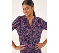 Roman Originals Shirt for Women UK Ladies Top Collarless Blouse Stretchy Tunic Smart Casual Autumn Winter Jersey 3/4 Length Sleeve Notch V Neck Flattering Office Work - Navy Leaf - Size 18