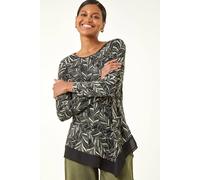 Roman Leaf Puff Print Stretch Top In Dark Green Dark Green