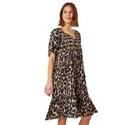 Roman Leopard Print Frill Hem Smock Skater Dress In Beige Beige L