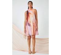 Roman Limited Printed High Neck Shift Dress for Women UK - Ladies Everyday Holiday Spring Summer Comfy Soft Evening Vacation Work Party - Peach - Size 12