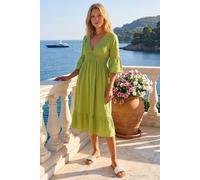 Roman Originals Linen Look Shirred Midi Dress for Women UK - Ladies Everyday Holiday Spring Summer V-Neckline Comfy Soft Evening Vacation Work Party - Lime - Size 20