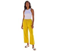 Roman Linen Mix Wide Cropped Trousers for Women UK Ladies Spring Everyday Summer Break Elasticated Waist Comfy Pocket Detail Soft Lightweight Pants Vacation - Ochre - Size 12