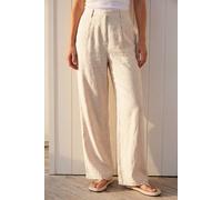 Roman Linen Mix Wide Leg Trousers for Women UK Ladies Spring Everyday Summer Holiday Elasticated Waist Comfy Side Pockets Soft Pleat Detail Bottoms Work Office Pants - Natural - Size 18