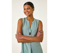 Roman Originals Shirt for Women UK Ladies Longline Top Collarless Blouse Smart Tunic Casual Evening Relaxed Fit 3/4 Length Sleeve Notch V Neck Long - Plain Sage - Size 18